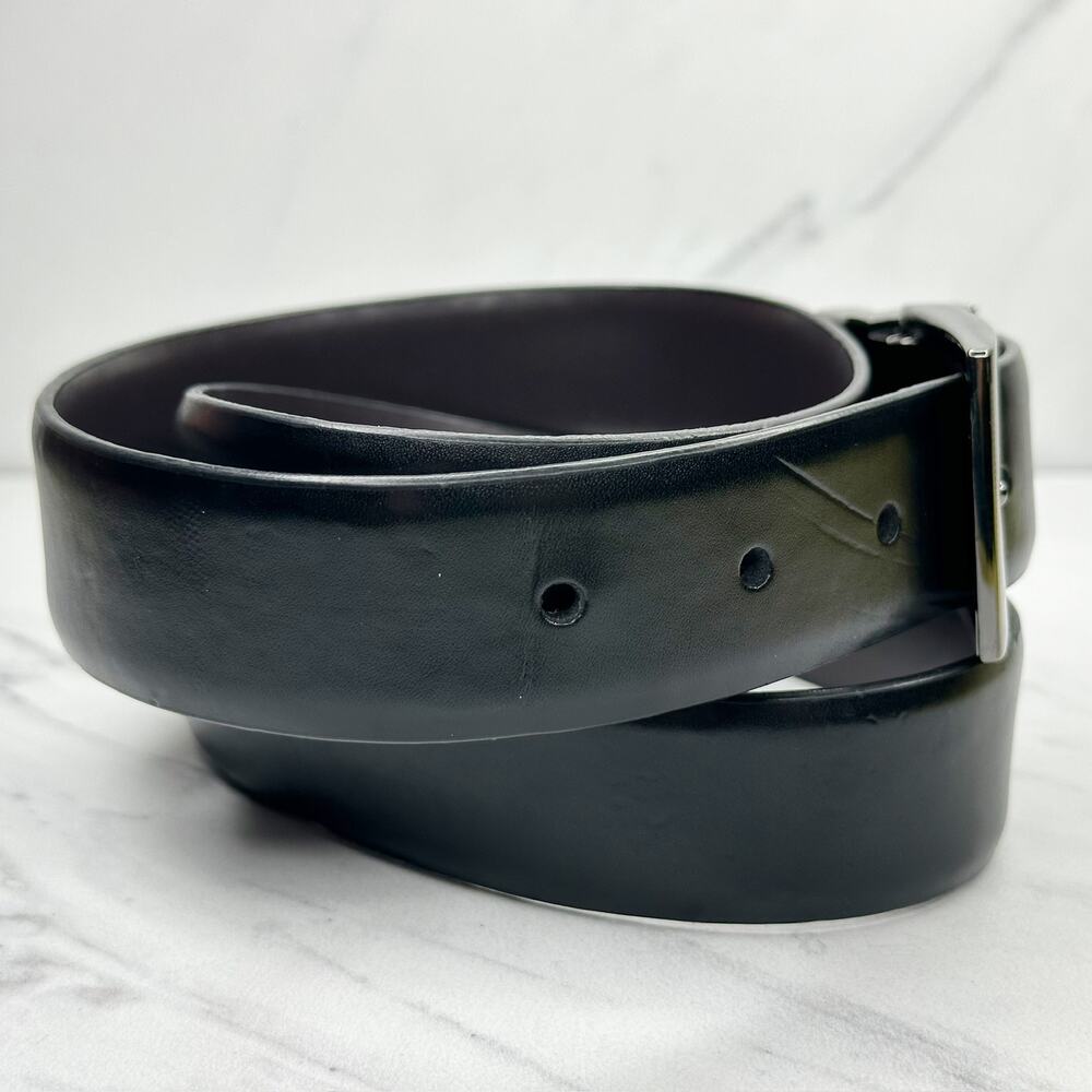 Mens Black and Brown Reversible Belt Silver Buckle Size 44 โจ - Picture 5 of 13